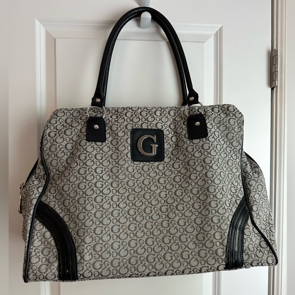 Guess Gray Monogram Large Weekender Travel Bag with Black Trim